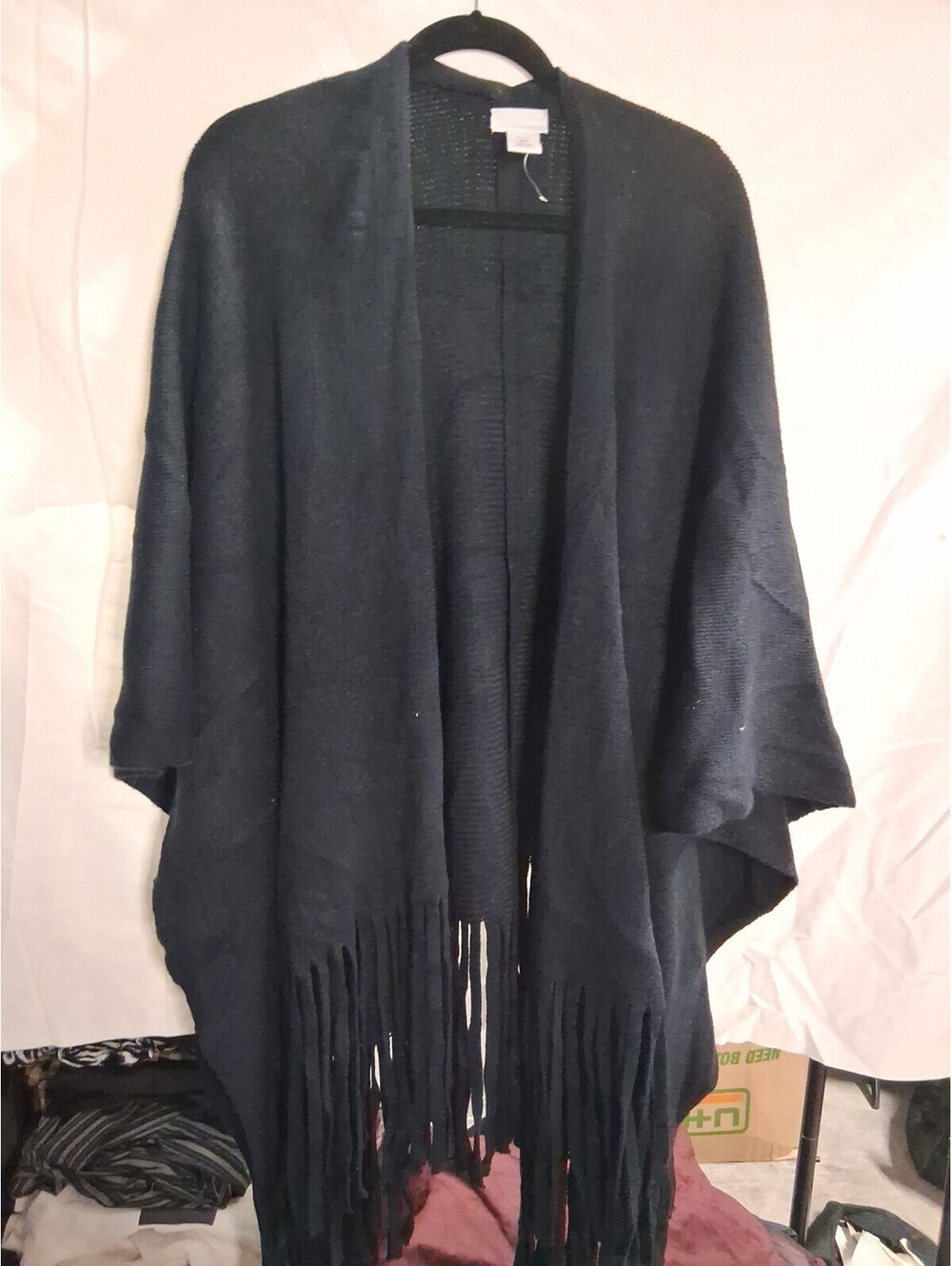 New York & Company Sweater Wrap Shawl One Size With Fringe Black Pancho